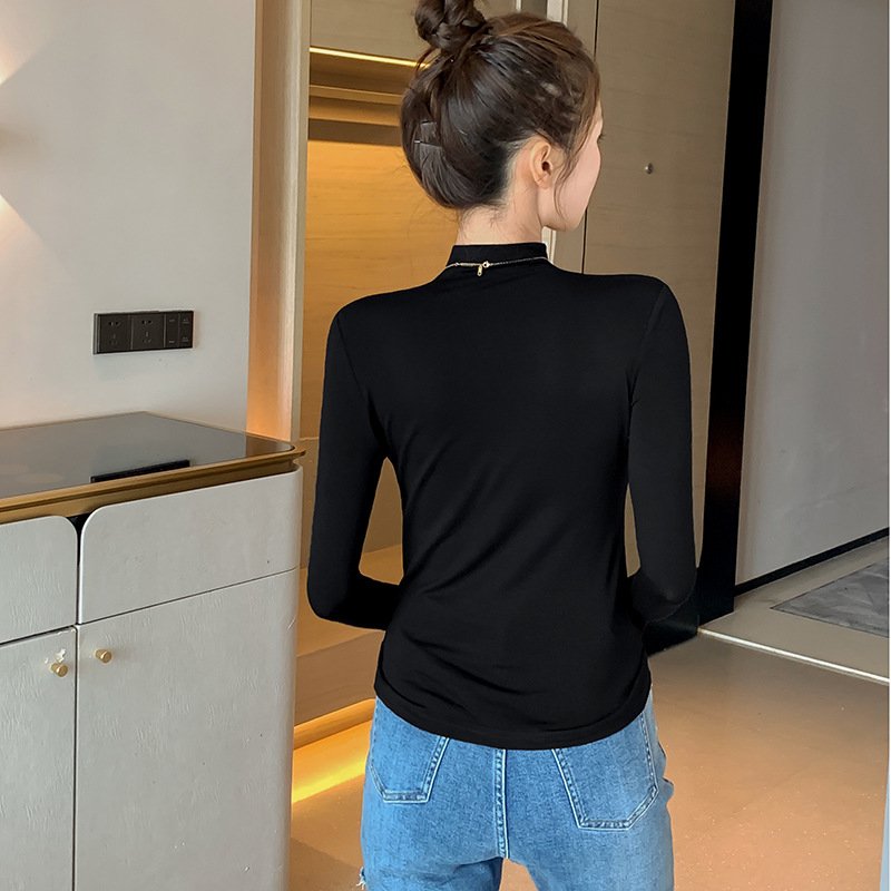 Autumn New Trendy Women's Deep Wide Rib Band Neck Soft Skin Friendly Long Sleeve T-Shirt Casual Style Anti-Pilling Half-collar