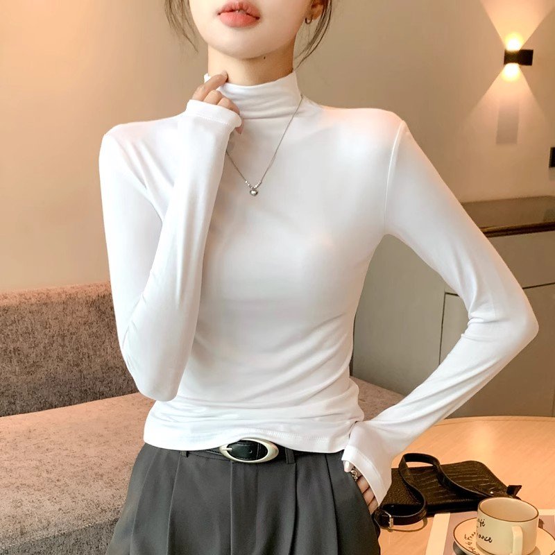 Autumn New Trendy Women's Deep Wide Rib Band Neck Soft Skin Friendly Long Sleeve T-Shirt Casual Style Anti-Pilling Half-collar
