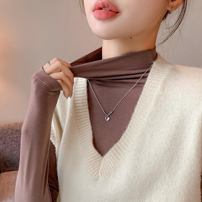 Autumn New Trendy Women's Deep Wide Rib Band Neck Soft Skin Friendly Long Sleeve T-Shirt Casual Style Anti-Pilling Half-collar