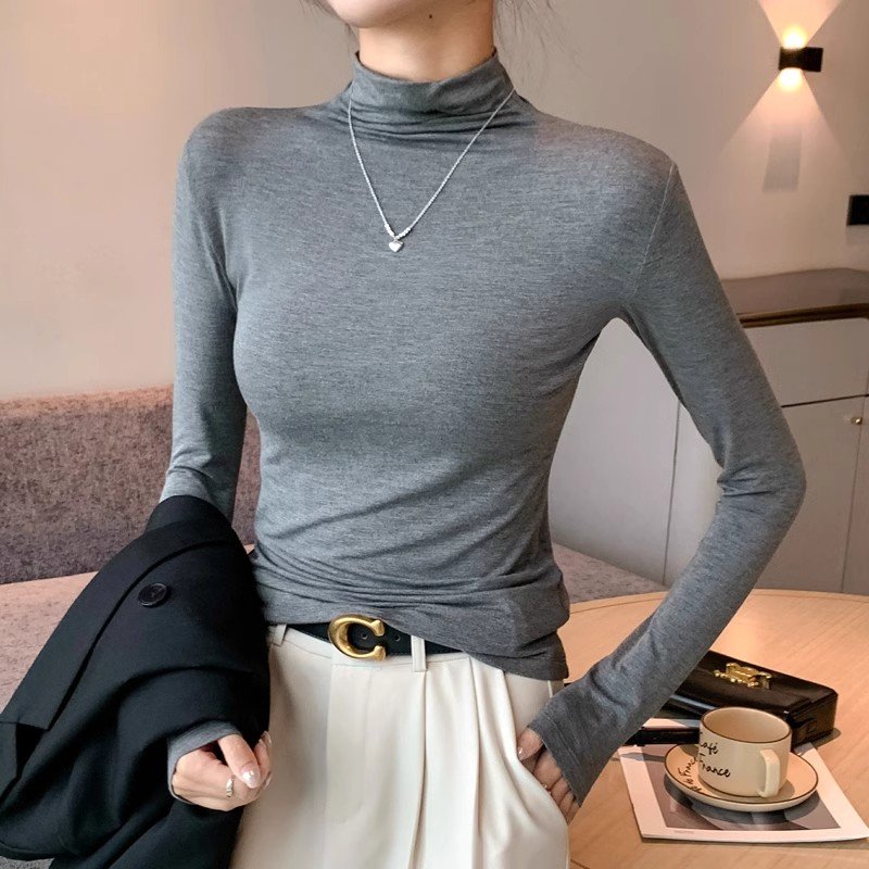 Autumn New Trendy Women's Deep Wide Rib Band Neck Soft Skin Friendly Long Sleeve T-Shirt Casual Style Anti-Pilling Half-collar