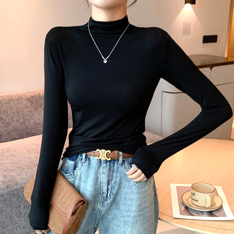 Autumn New Trendy Women's Deep Wide Rib Band Neck Soft Skin Friendly Long Sleeve T-Shirt Casual Style Anti-Pilling Half-collar