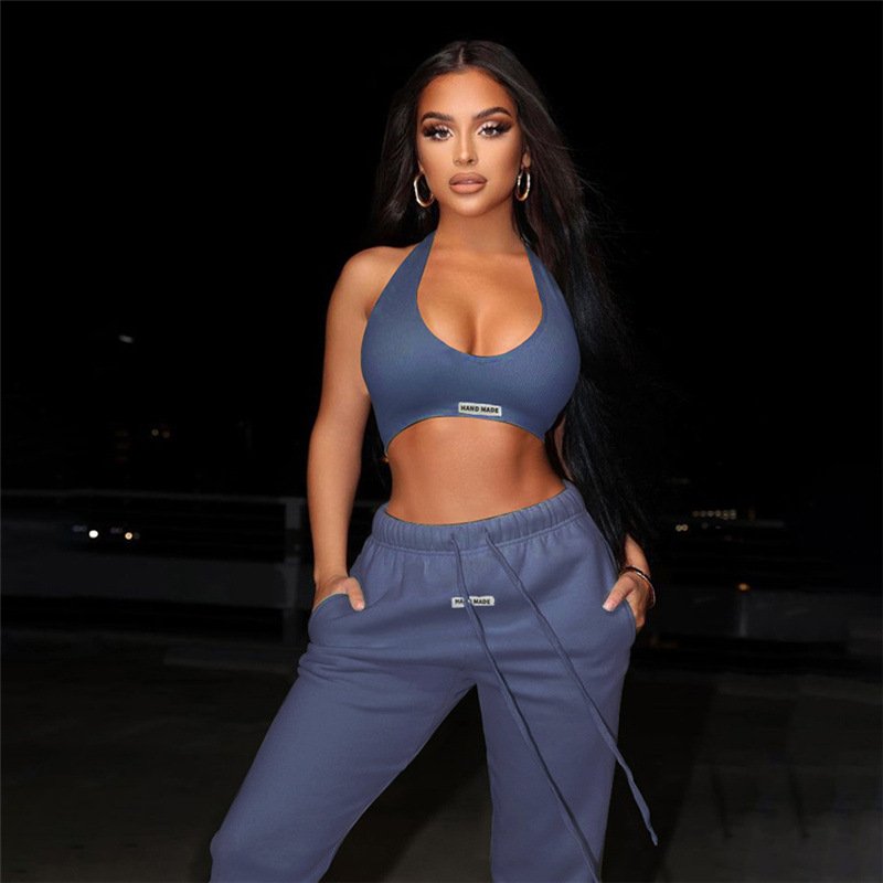 Hot Solid Halter Crop Top 2 Piece Jogger Set Casual Knit Outfits Designer Clothes Luxury Tracksuit Lounge Wear Jogger Sweatsuit
