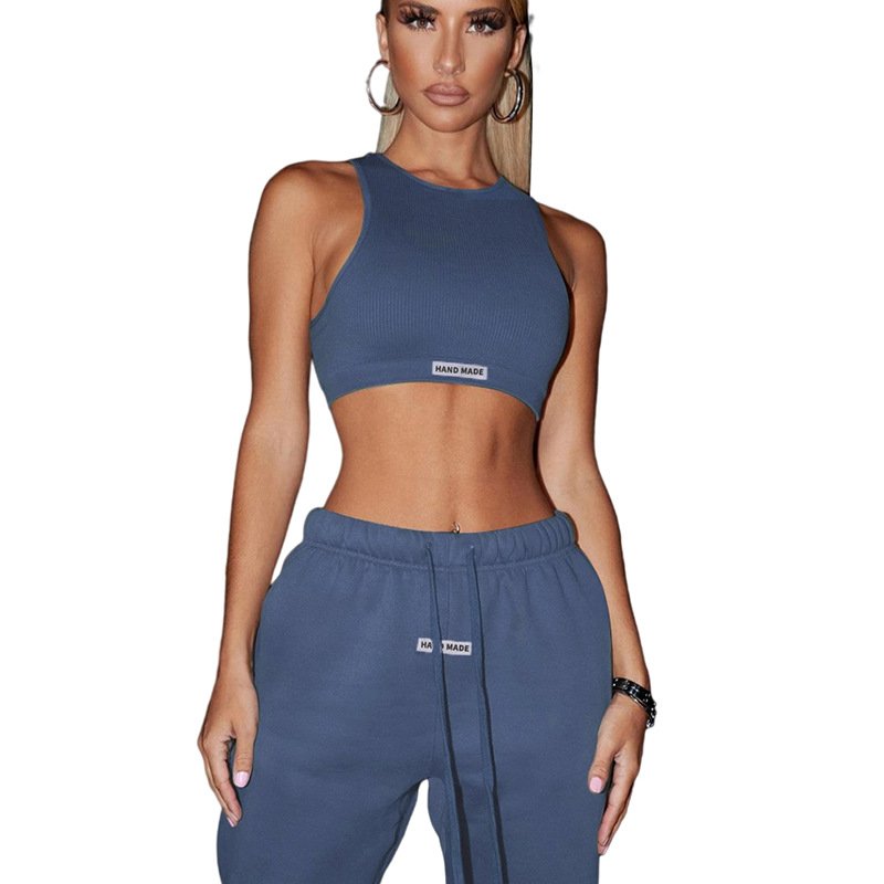 Hot Solid Halter Crop Top 2 Piece Jogger Set Casual Knit Outfits Designer Clothes Luxury Tracksuit Lounge Wear Jogger Sweatsuit