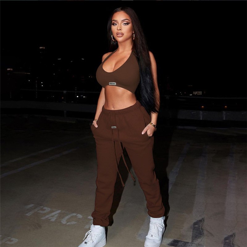 Hot Solid Halter Crop Top 2 Piece Jogger Set Casual Knit Outfits Designer Clothes Luxury Tracksuit Lounge Wear Jogger Sweatsuit