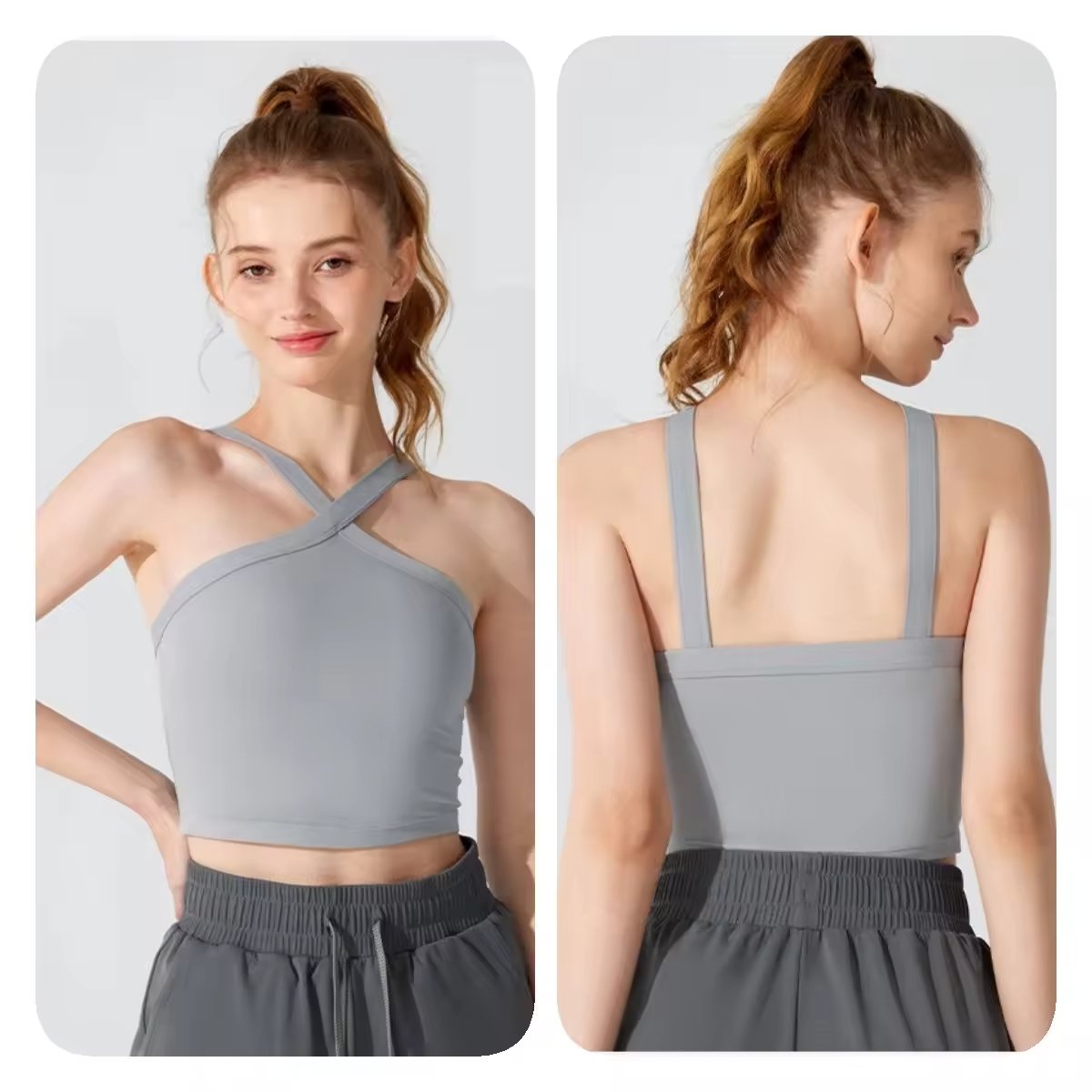 XINXU Sexy Yoga Sculpt Knit Cross Cropped Ribbed Halter Top Organic Custom Print Logo Gym Sportswear Bra