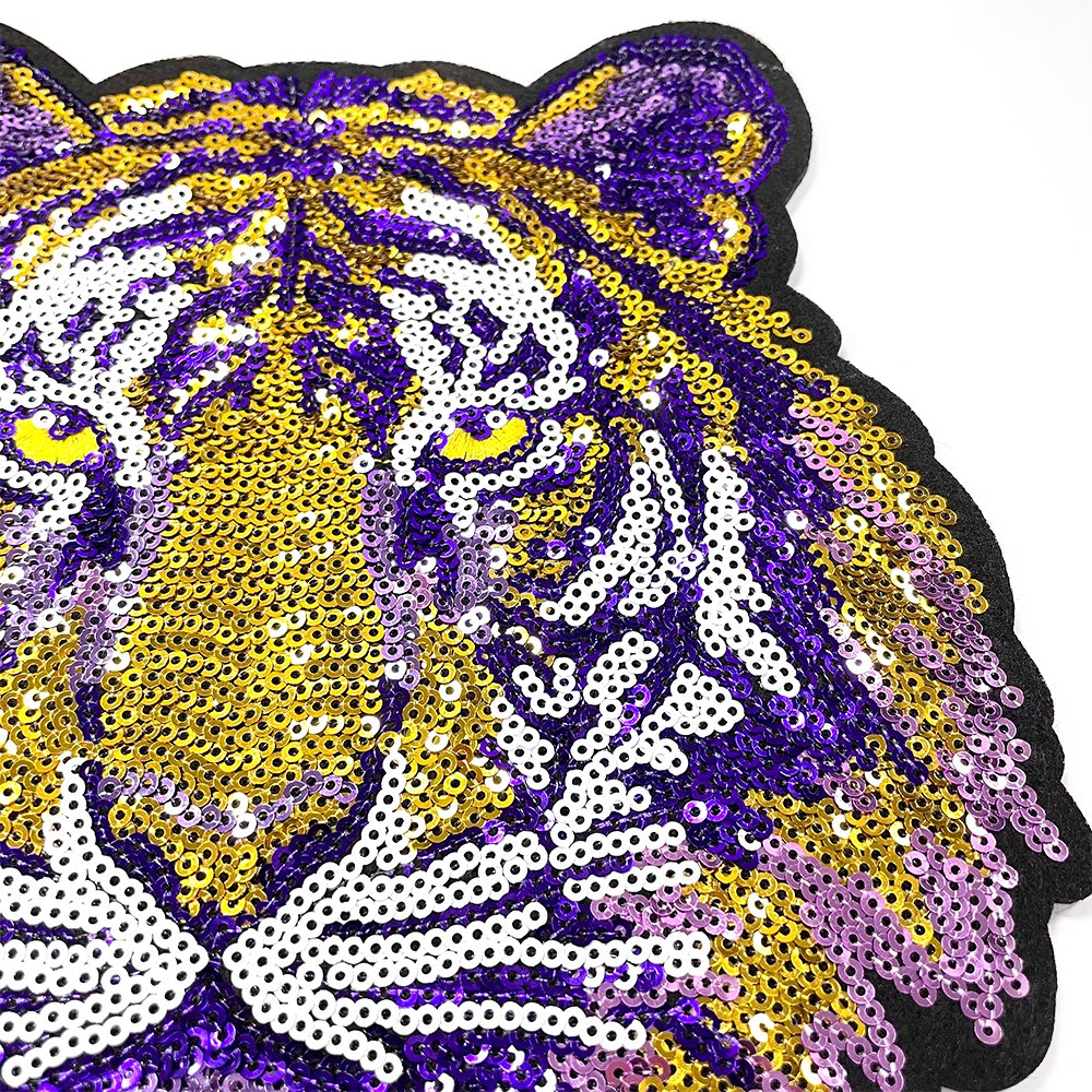 Hot Selling Gold Black Tiger Embroidery Patch Small MOQ Sequined Patch T-Shirts Clothes Woven Techniques Chenille Fabric Type