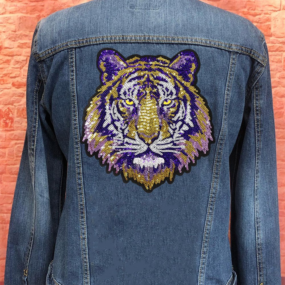 Hot Selling Gold Black Tiger Embroidery Patch Small MOQ Sequined Patch T-Shirts Clothes Woven Techniques Chenille Fabric Type