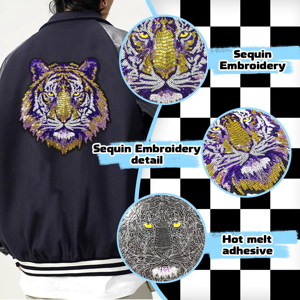 Hot Selling Gold Black Tiger Embroidery Patch Small MOQ Sequined Patch T-Shirts Clothes Woven Techniques Chenille Fabric Type