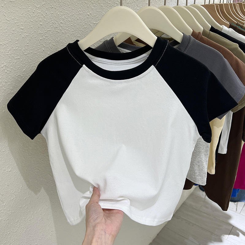 Women Sexy Ringer Baby Tee Contrast Raglan Sleeve Cropped ribbed cotton Two Tone T-shirt crew neck Knitted Y2K Crop Top t shirt
