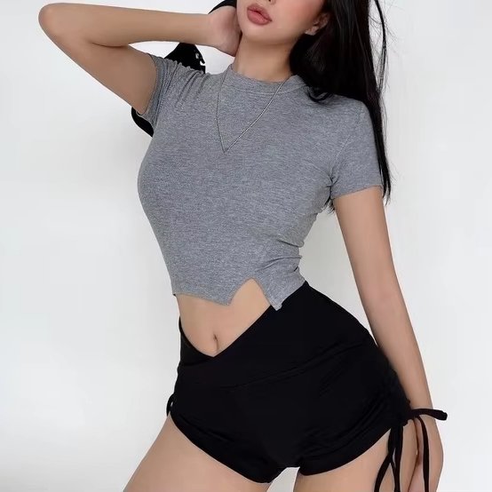 High Quality Elastic Summer Cotton Ribbed Women's Crop Top Casual Collar Quick Dry Anti-Pilling Wholesale Supply O-Neck T-Shirt