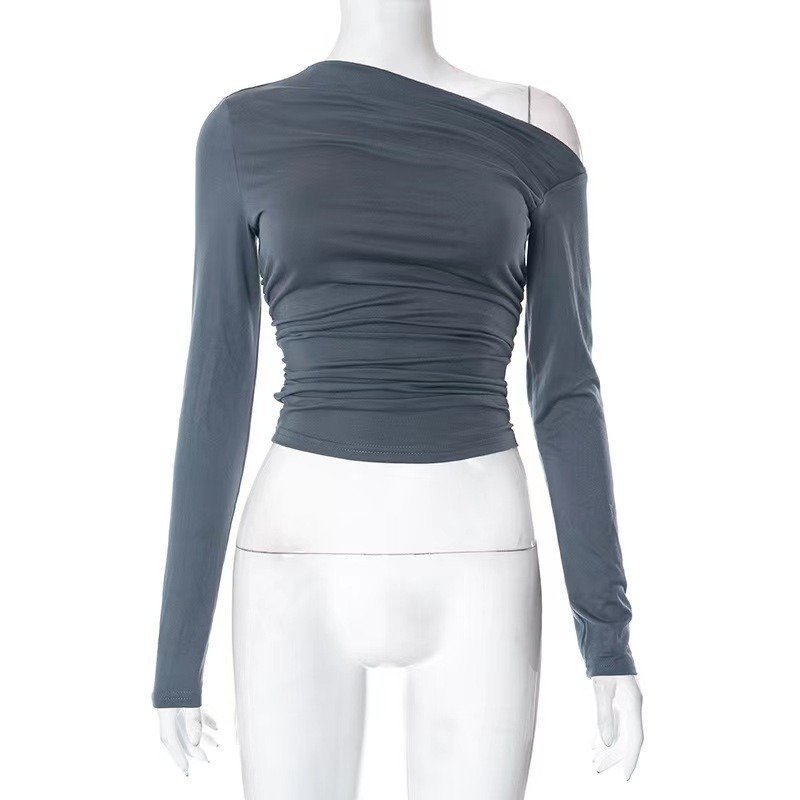 Oblique shoulder long sleeve pleated women's blouses & shirts 2024 sexy crop top fall women's clothing