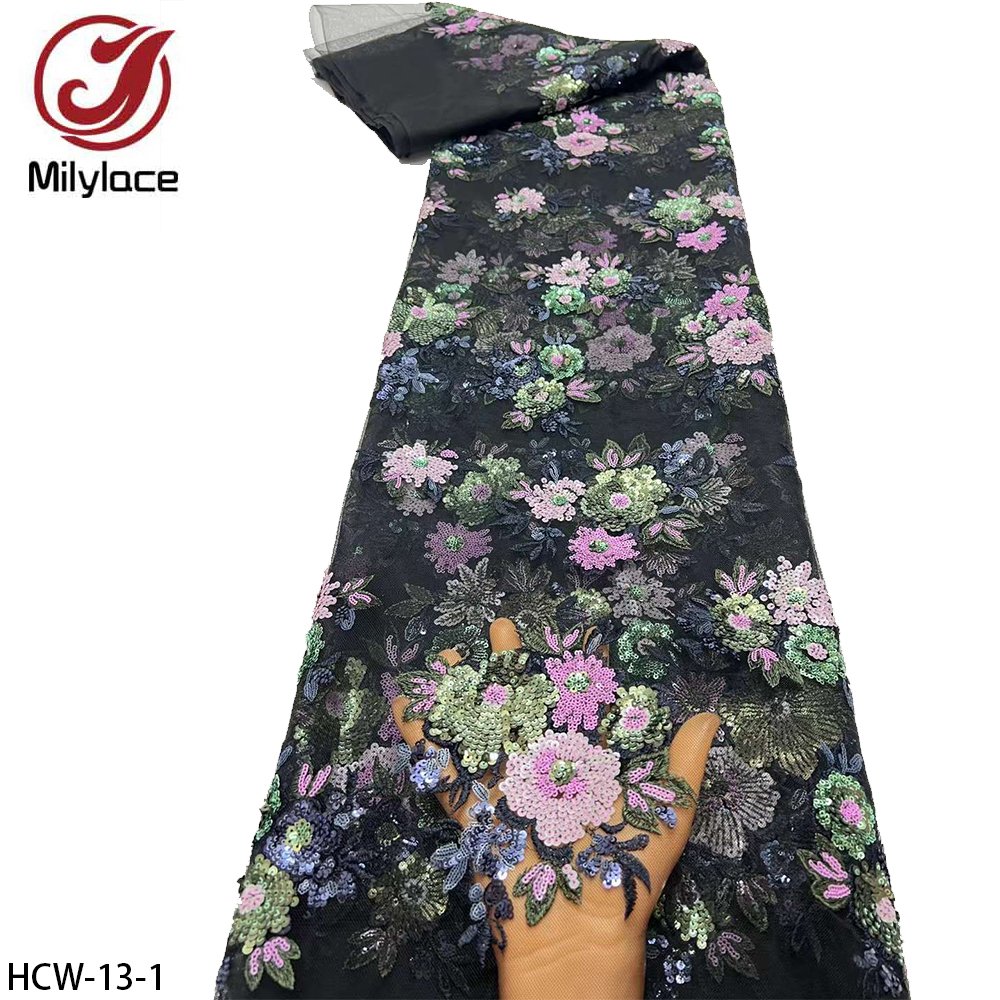 Autumn Design Black Color Sequin French Net African Flower Embroidery Tulle Lace Fabric