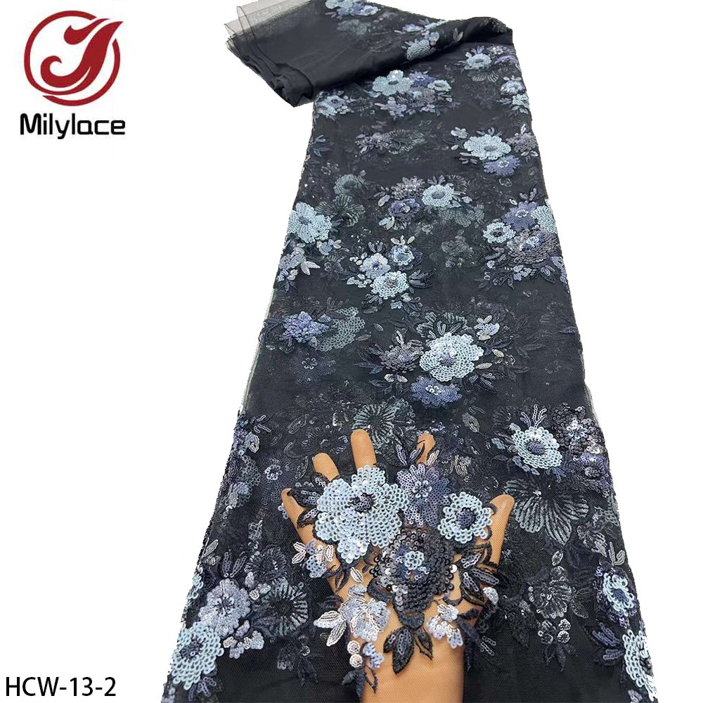 Autumn Design Black Color Sequin French Net African Flower Embroidery Tulle Lace Fabric