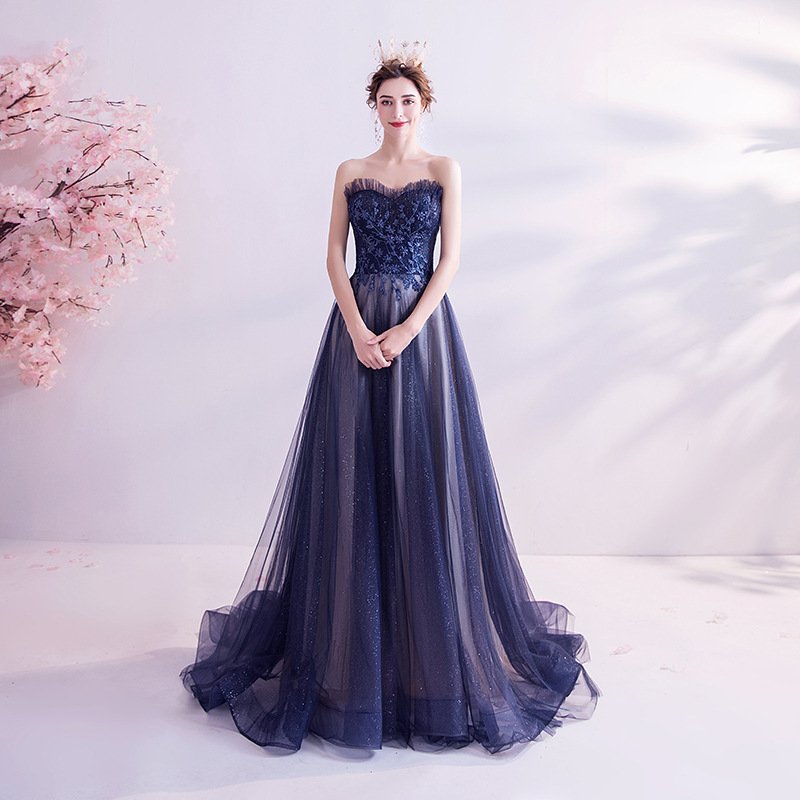 Elegant Evening Dress Blue Starry Sky Lace Mesh Strapless Long Shining Party Wedding Dresses