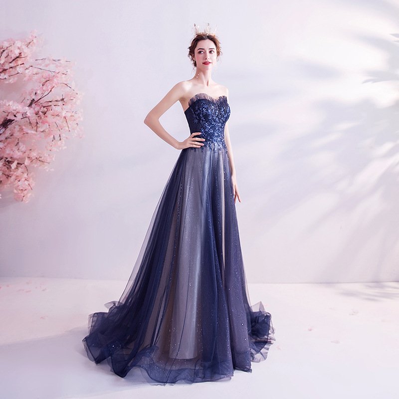 Elegant Evening Dress Blue Starry Sky Lace Mesh Strapless Long Shining Party Wedding Dresses