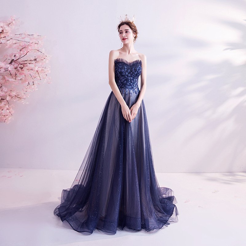 Elegant Evening Dress Blue Starry Sky Lace Mesh Strapless Long Shining Party Wedding Dresses
