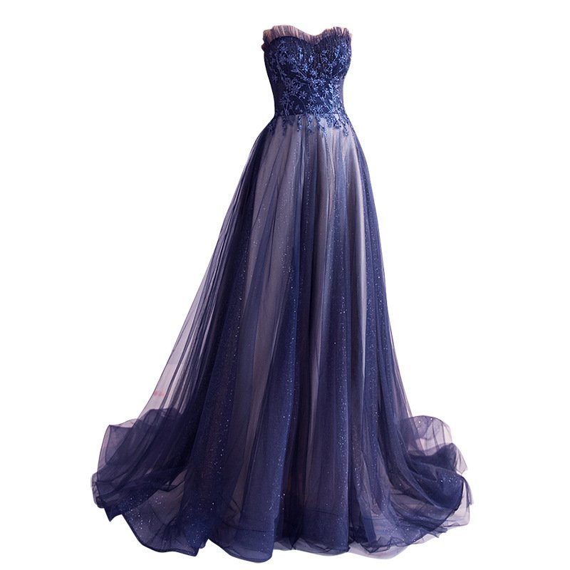 Elegant Evening Dress Blue Starry Sky Lace Mesh Strapless Long Shining Party Wedding Dresses