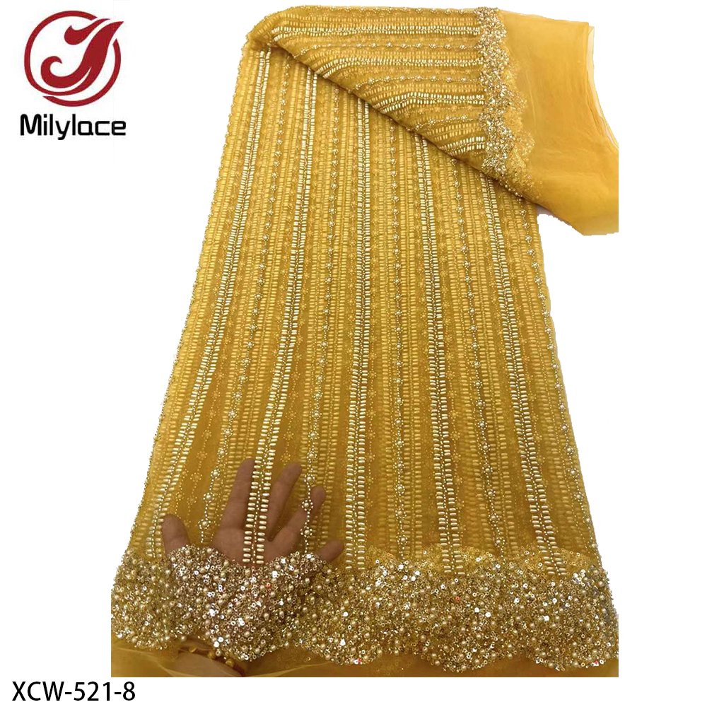 Hot Design Fabric Wholesale Beaded Sequined Lace Fabric Rhinestones Embroidery African Beaded Lace Fabric