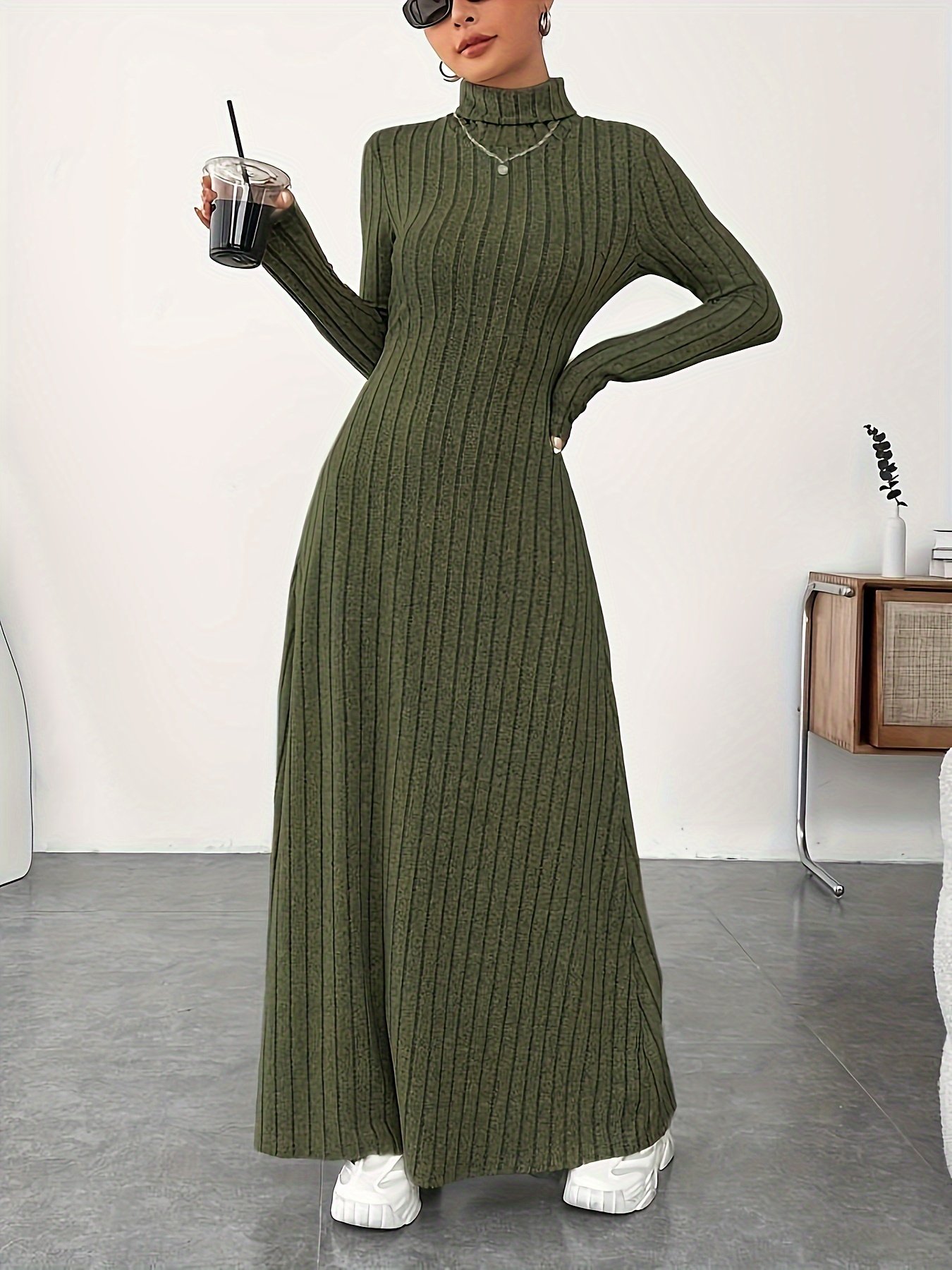 odoodem women's casual solid color turtle neck ribbed dress elegant long sleeve maxi dress for fall & winter