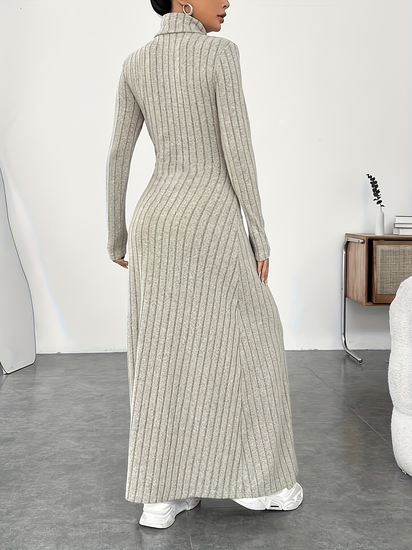 odoodem women's casual solid color turtle neck ribbed dress elegant long sleeve maxi dress for fall & winter