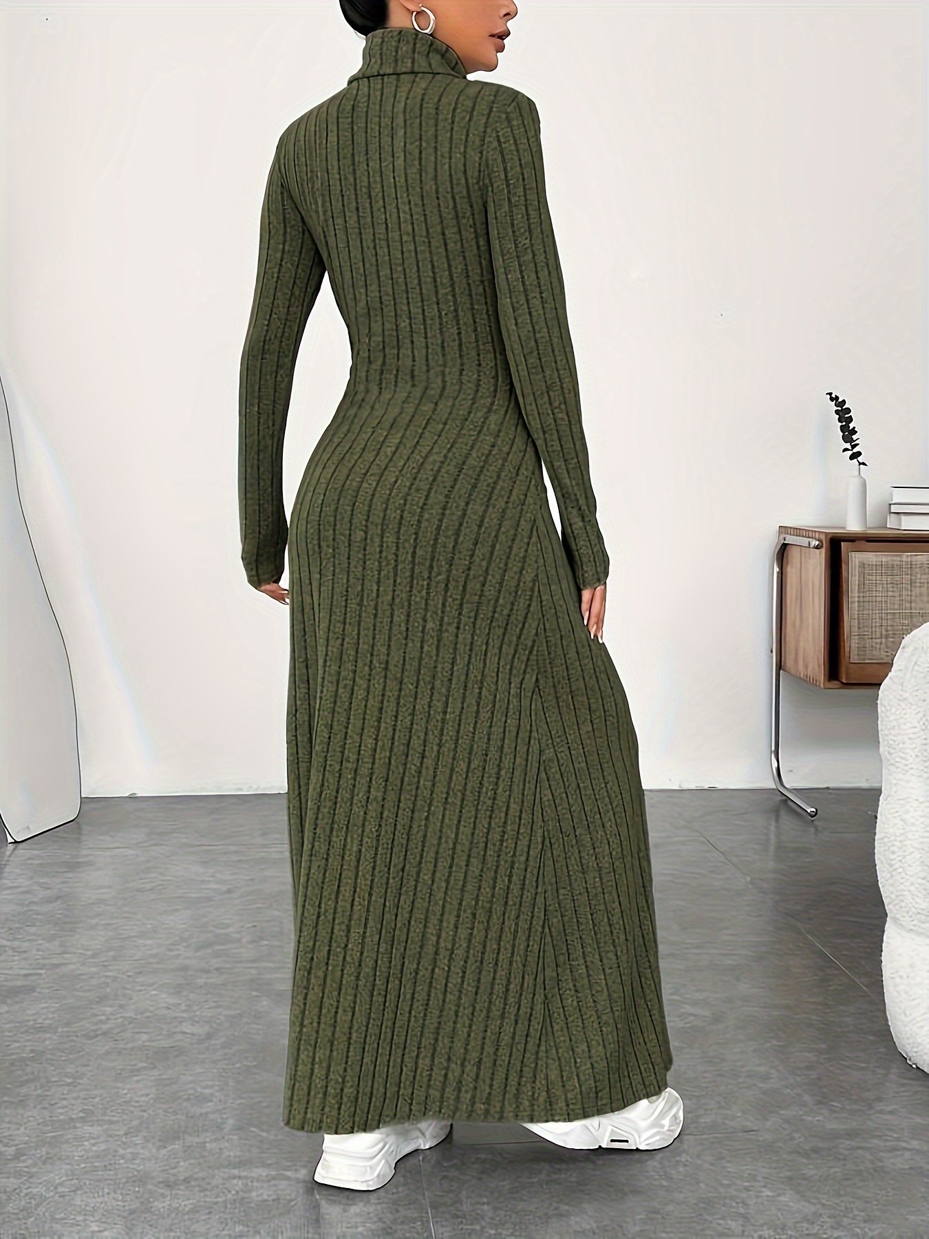 odoodem women's casual solid color turtle neck ribbed dress elegant long sleeve maxi dress for fall & winter
