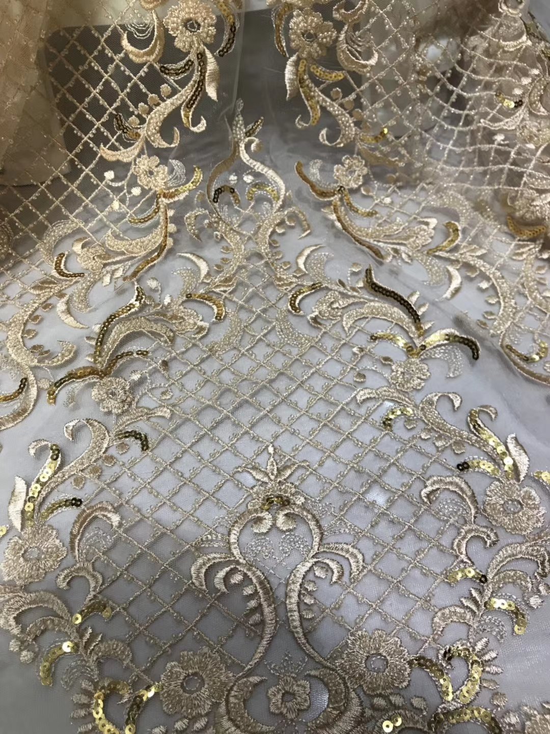 Wholesale rose gold sequin beaded embroidery lace fabric for for a nigeria wedding dress