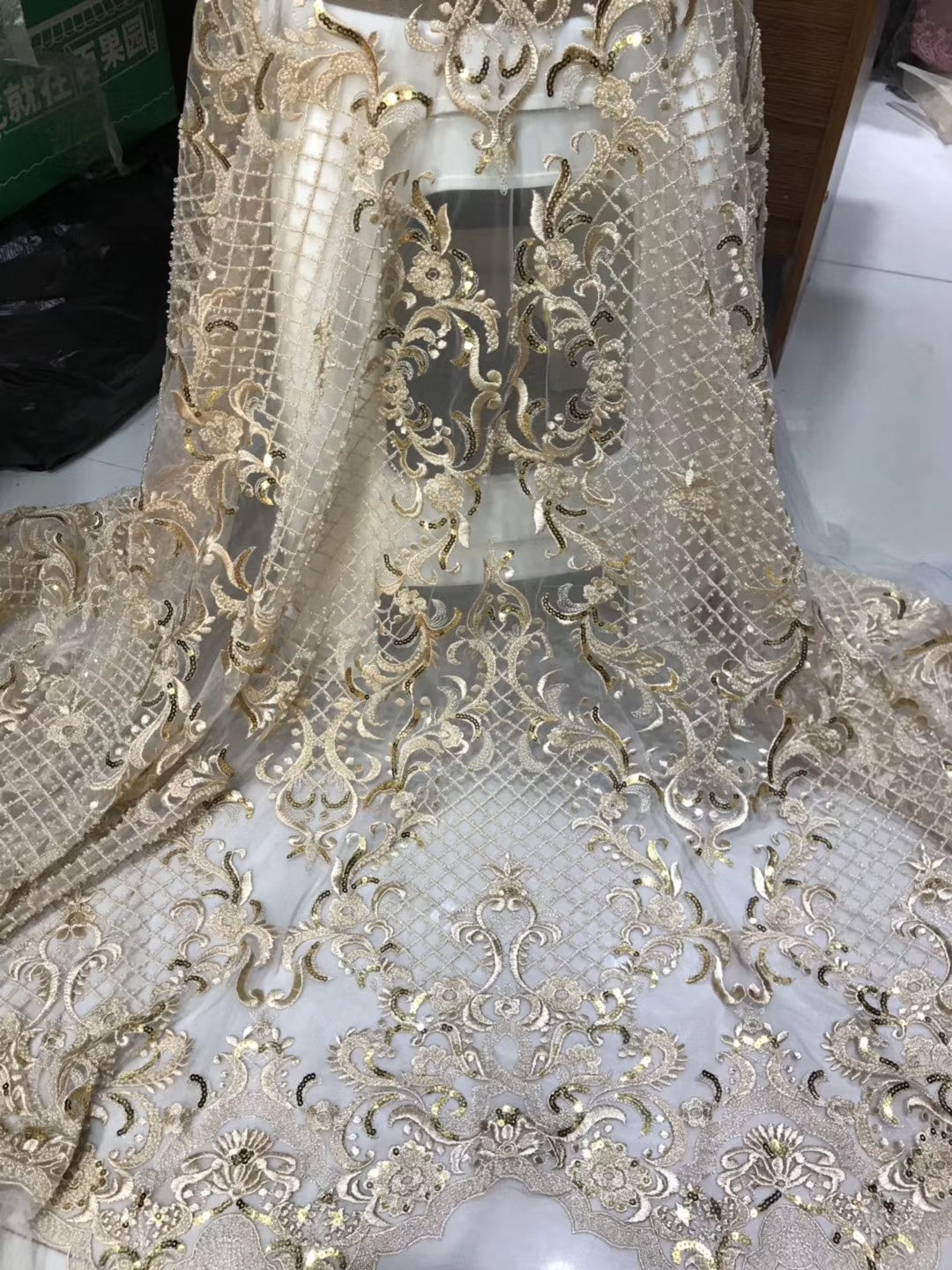 Wholesale rose gold sequin beaded embroidery lace fabric for for a nigeria wedding dress