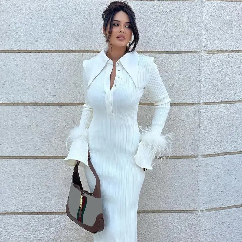Polo Collar Long Sleeve Solid Feather Knitted Ribbed Dresses Midi Button Women's Party Club Dress