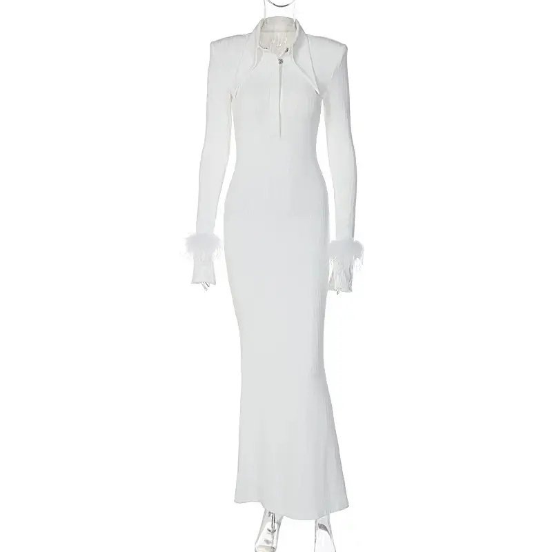 Polo Collar Long Sleeve Solid Feather Knitted Ribbed Dresses Midi Button Women's Party Club Dress