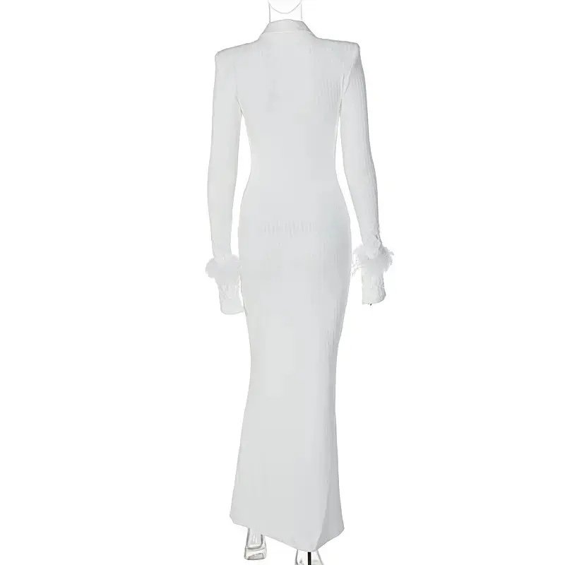 Polo Collar Long Sleeve Solid Feather Knitted Ribbed Dresses Midi Button Women's Party Club Dress