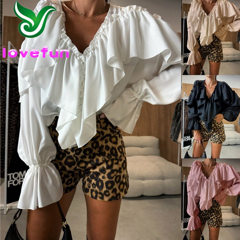2024 Spring Women Ruffled V-neck Shirts Long sleeve Pullover Chiffon Loose Shirt Lady White Solid Color Tops Blouse Shirt