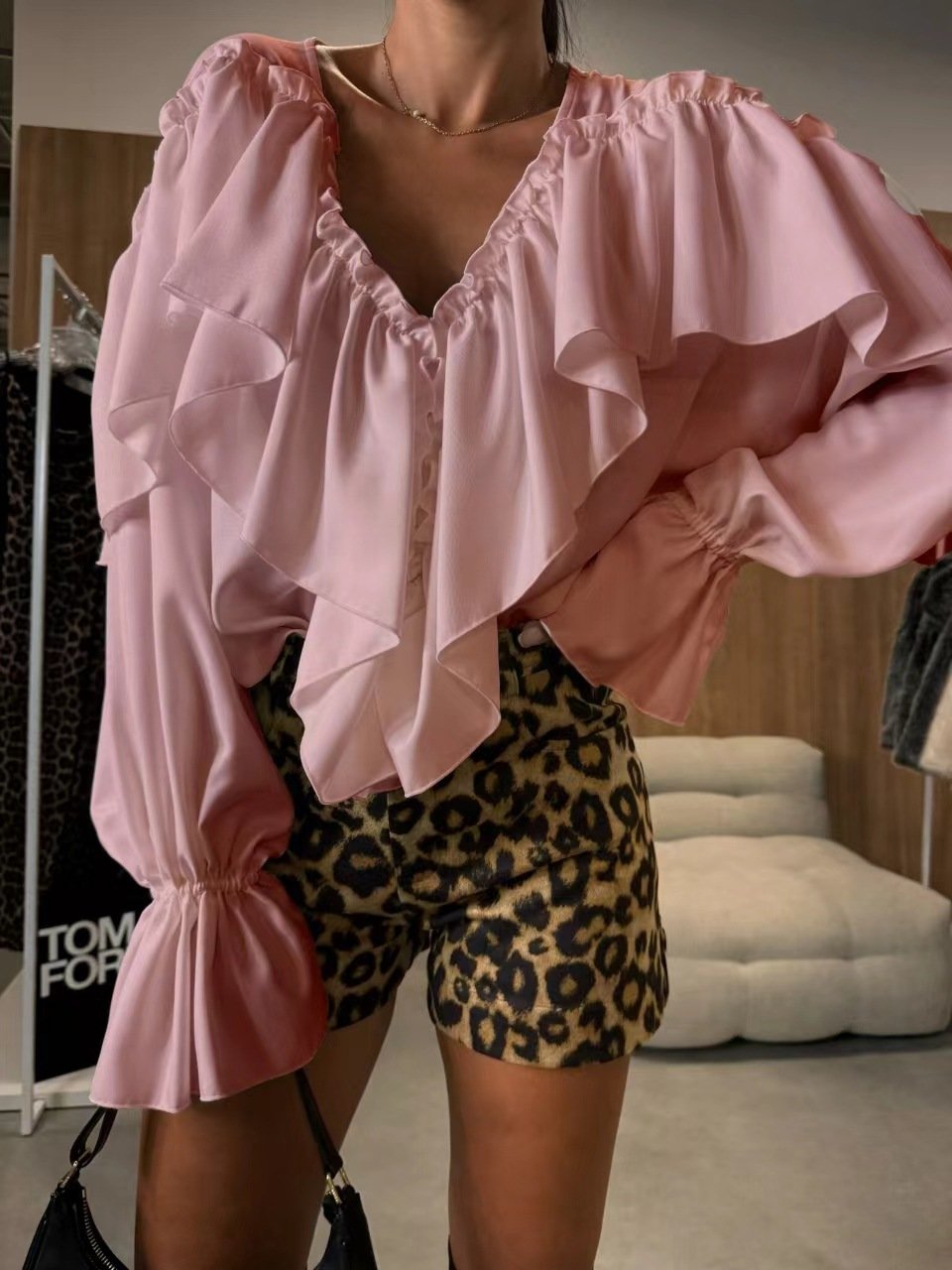2024 Spring Women Ruffled V-neck Shirts Long sleeve Pullover Chiffon Loose Shirt Lady White Solid Color Tops Blouse Shirt