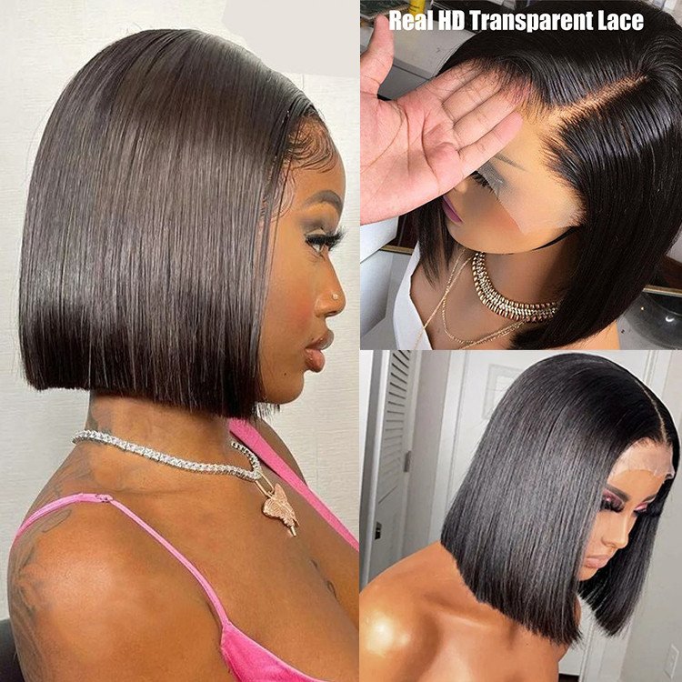 Double Drawn Vietnamese Human Hair Wigs 250 Density HD Lace Frontal Human Wig SDD Bone Straight Short Bob Wigs For Black Women