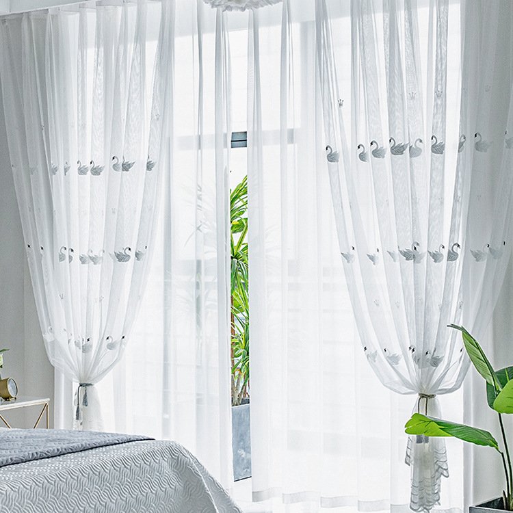 2024 NEW Factory Provide Directly White transparent curtains with an embroidered swan pattern modern style sheer curtain fabric