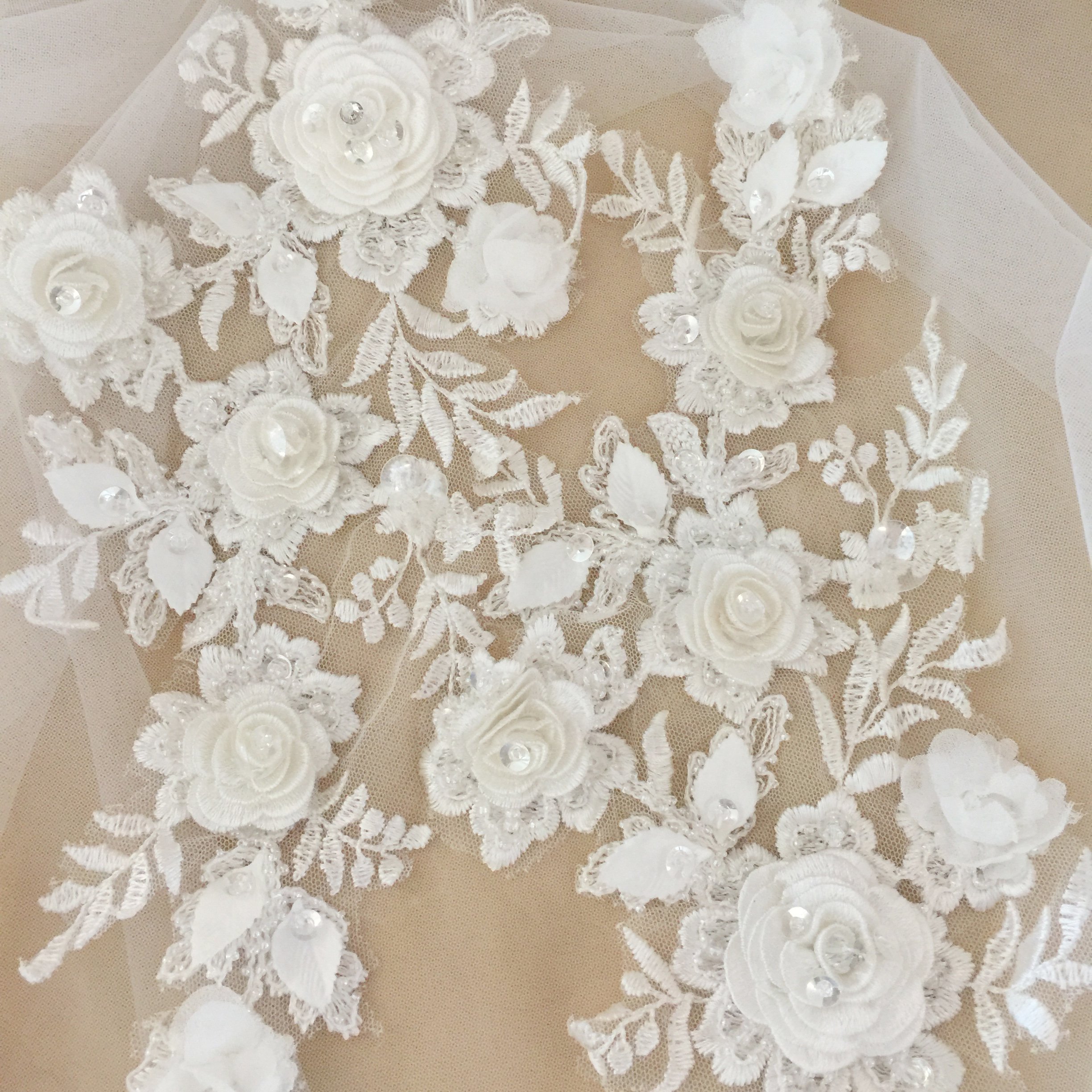 DELACE 3D flower adorn bridal applique embroidered rose beading rhinestone exquisite flower pairs