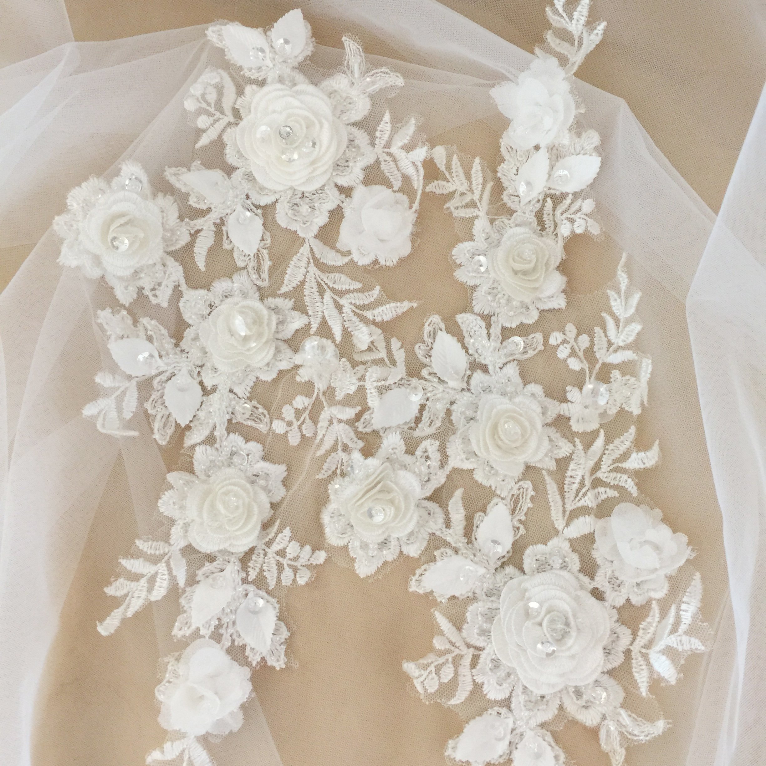 DELACE 3D flower adorn bridal applique embroidered rose beading rhinestone exquisite flower pairs