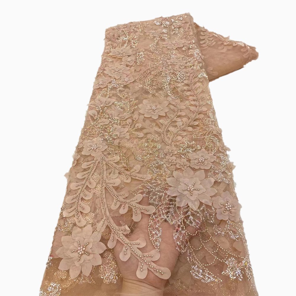 NI.AI 3D Flower Beads and Sequins Lace Nigerian Fabric Pearl Mesh Lace Fabric Dress for Wedding Party Dress