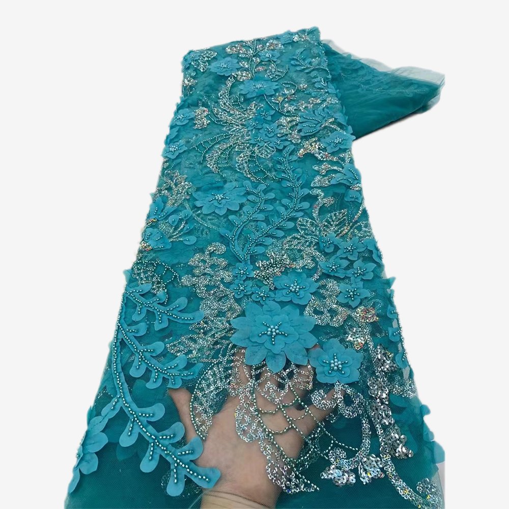 NI.AI 3D Flower Beads and Sequins Lace Nigerian Fabric Pearl Mesh Lace Fabric Dress for Wedding Party Dress