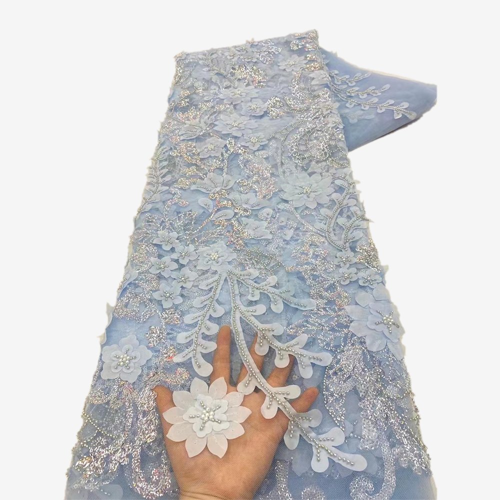 NI.AI 3D Flower Beads and Sequins Lace Nigerian Fabric Pearl Mesh Lace Fabric Dress for Wedding Party Dress