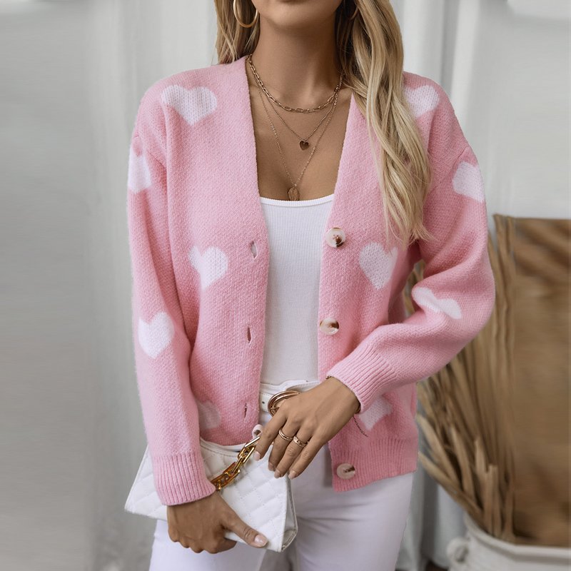 Wholesale comfy heart print sweater button V neck long sleeve top loose valentines jacquard knitted sweaters cardigan women