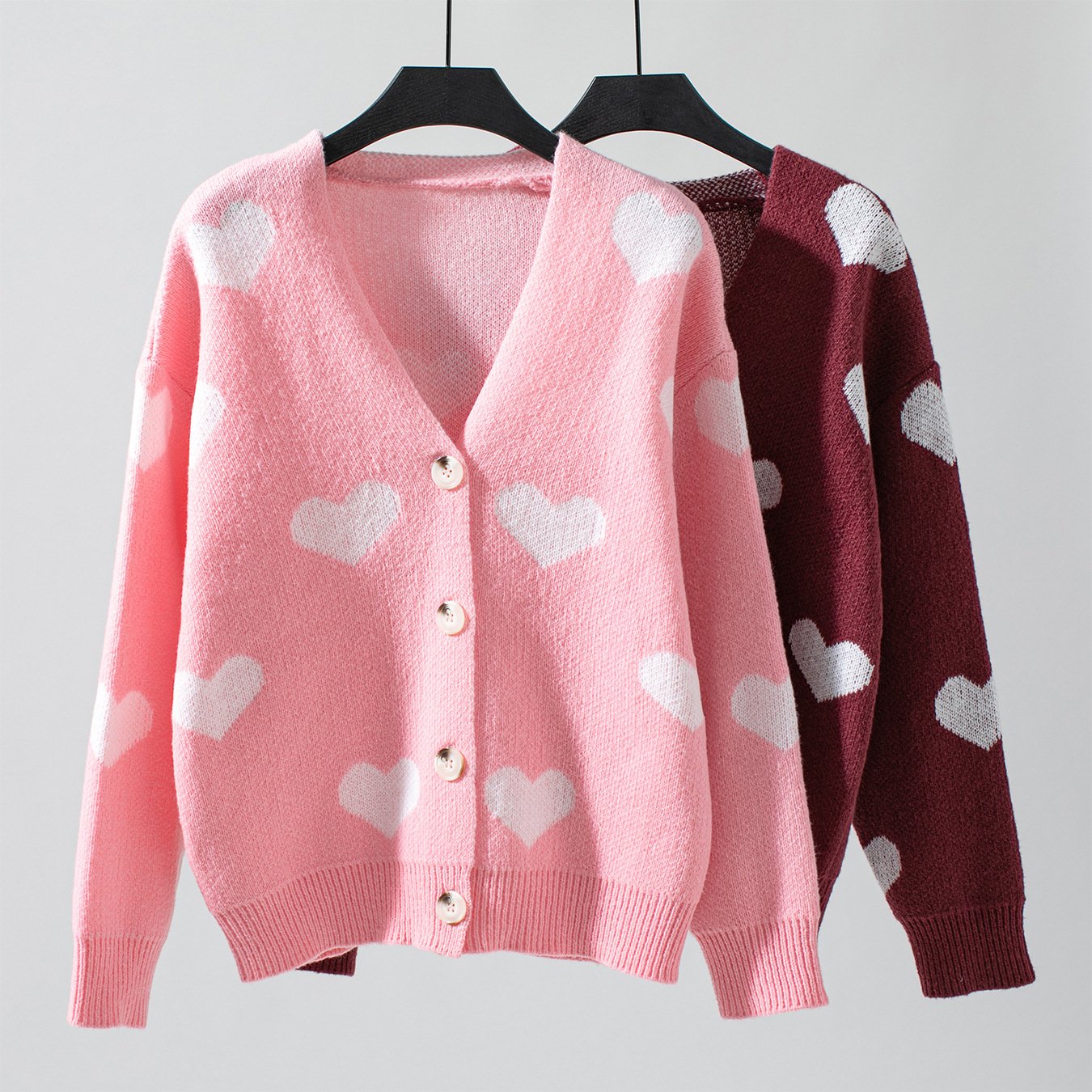 Wholesale comfy heart print sweater button V neck long sleeve top loose valentines jacquard knitted sweaters cardigan women