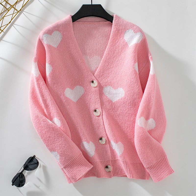 Wholesale comfy heart print sweater button V neck long sleeve top loose valentines jacquard knitted sweaters cardigan women