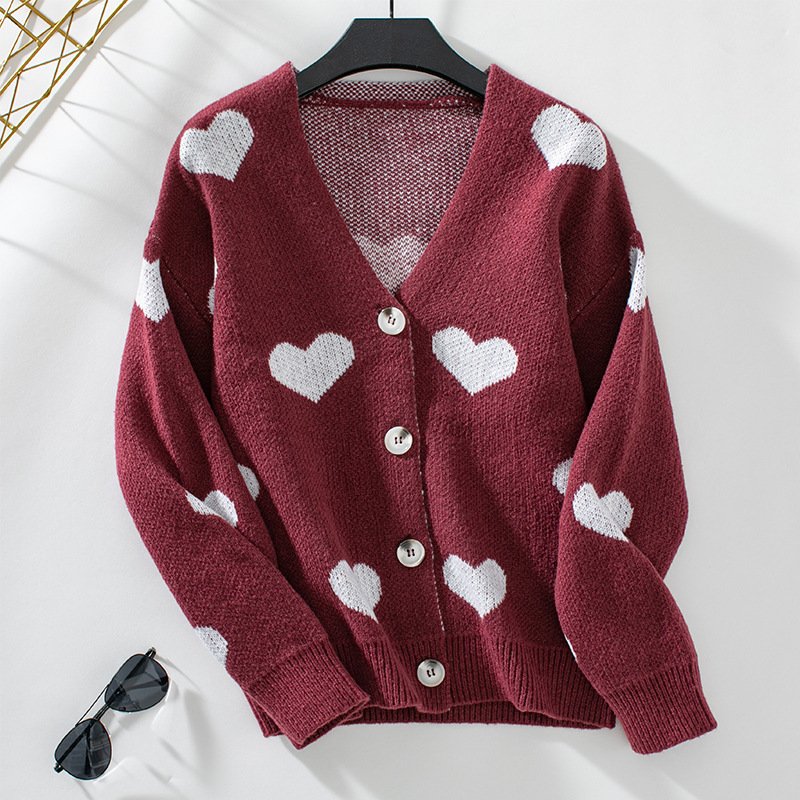 Wholesale comfy heart print sweater button V neck long sleeve top loose valentines jacquard knitted sweaters cardigan women