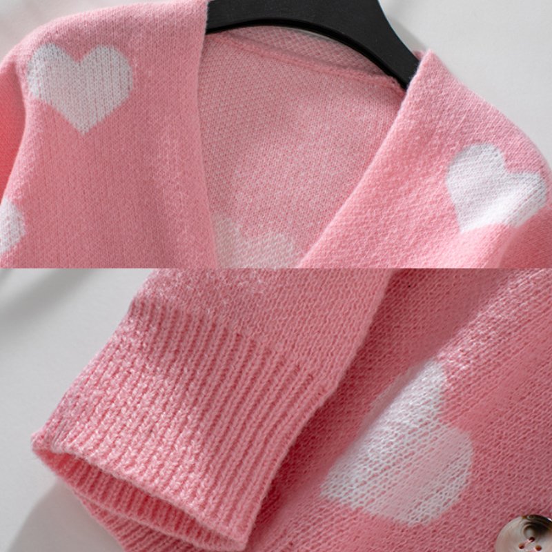 Wholesale comfy heart print sweater button V neck long sleeve top loose valentines jacquard knitted sweaters cardigan women