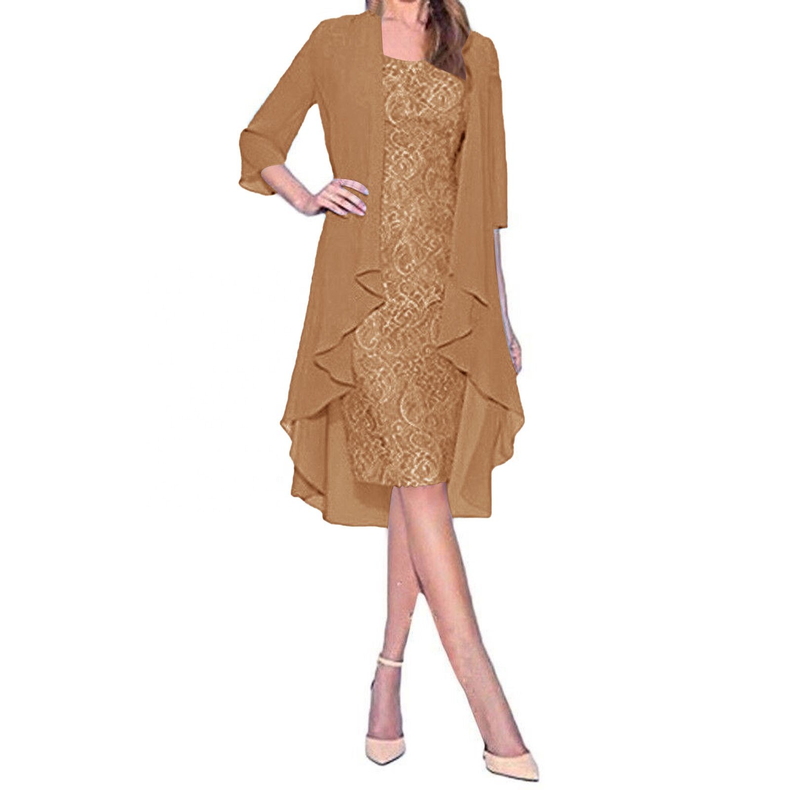 New Arrival Women's Two Pieces set lace chiffon dress Knee Length Evening Party Dresses Plus Size Casual Dress