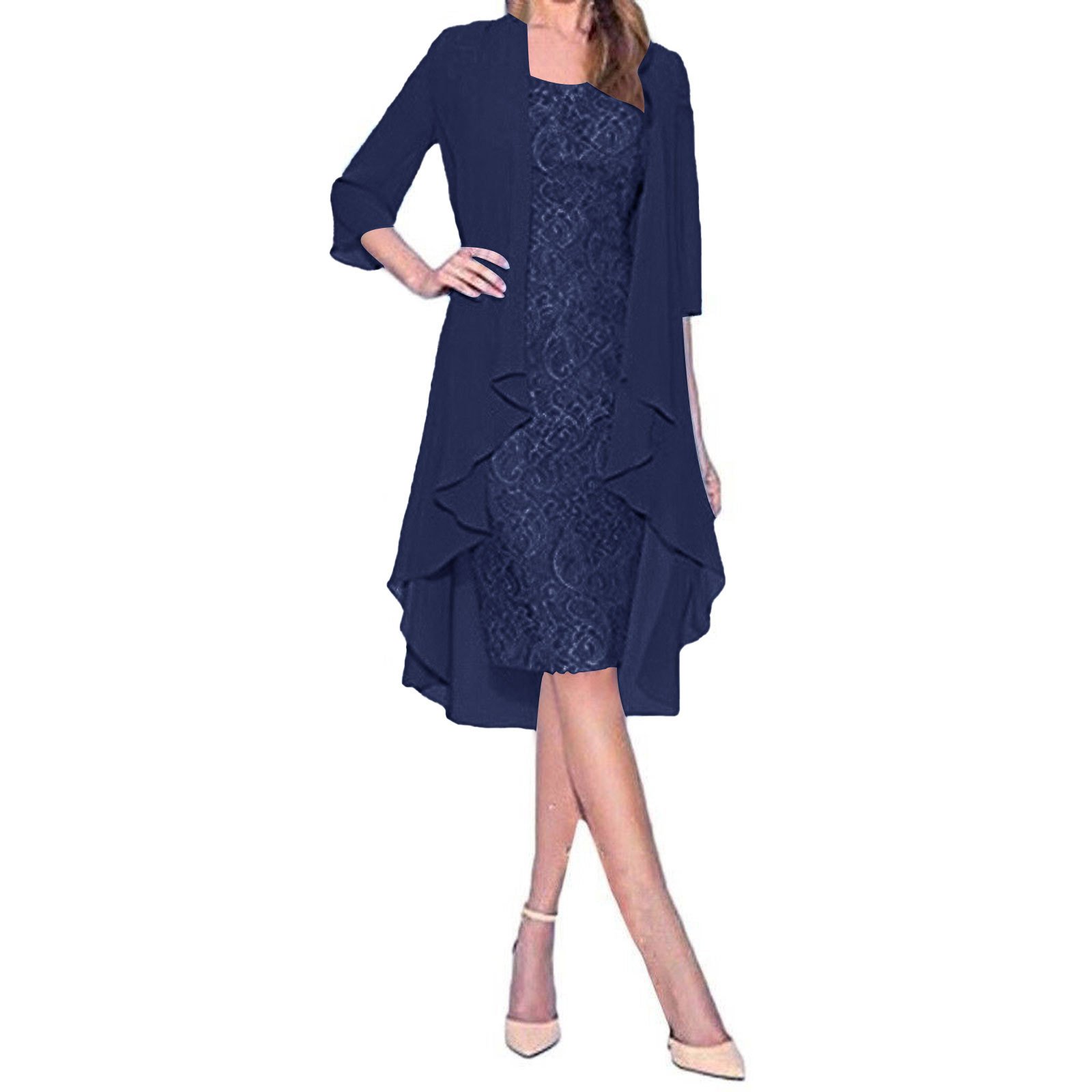 New Arrival Women's Two Pieces set lace chiffon dress Knee Length Evening Party Dresses Plus Size Casual Dress