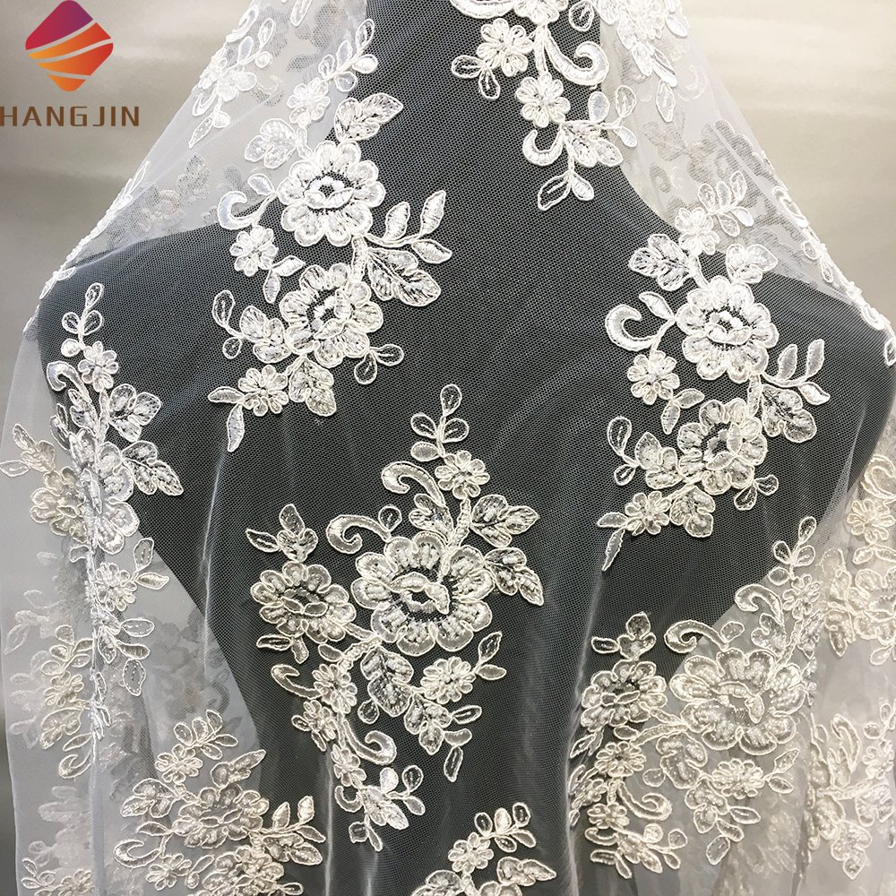 Classic 3D Floral White French Embroidery Milk Silk Lace Fabric Heavy Beaded Lace Fabric for European Wedding Dress