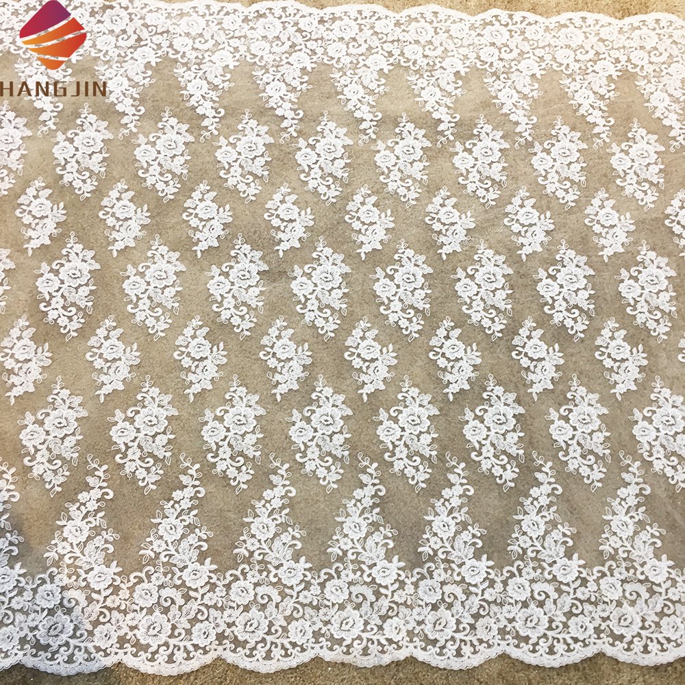 Classic 3D Floral White French Embroidery Milk Silk Lace Fabric Heavy Beaded Lace Fabric for European Wedding Dress