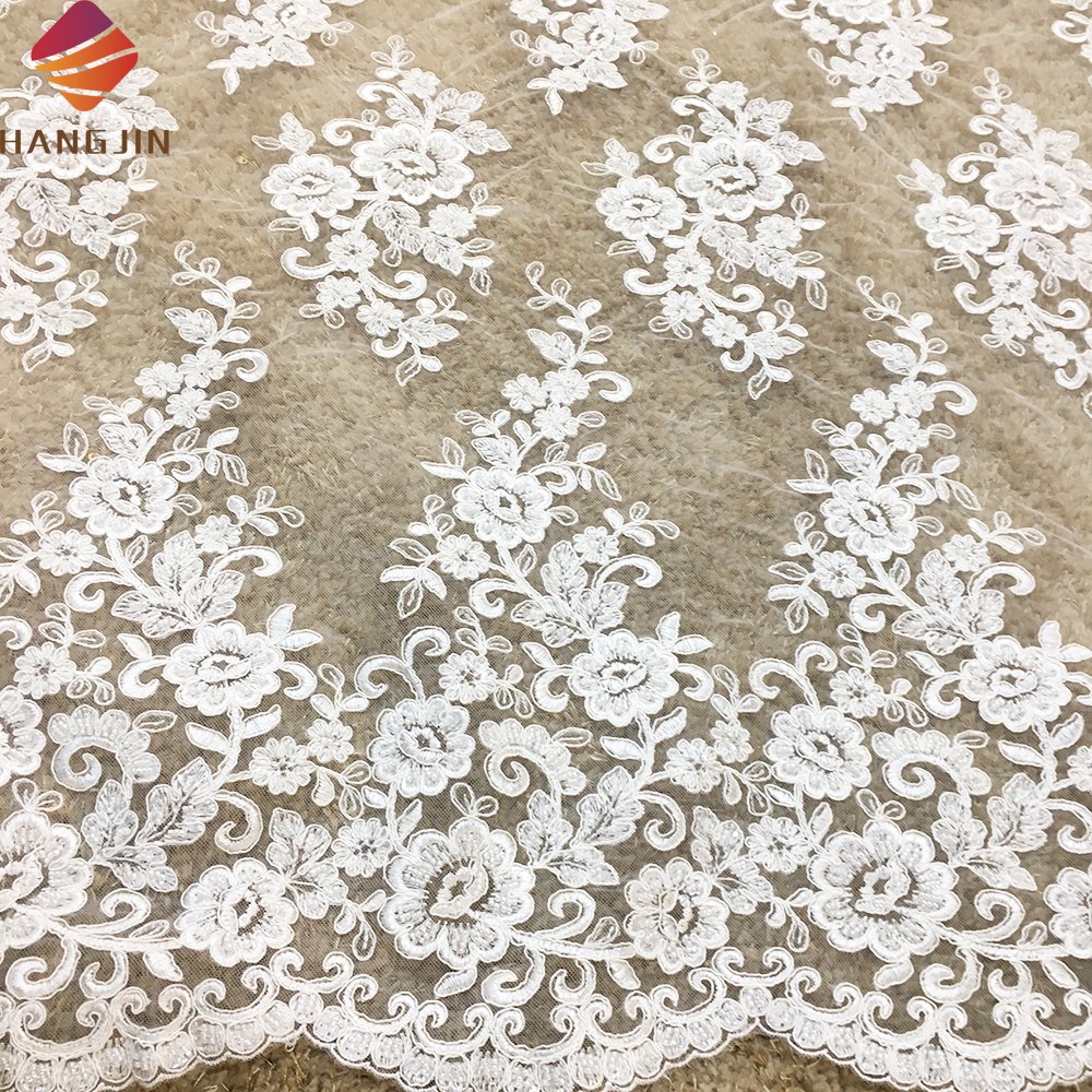 Classic 3D Floral White French Embroidery Milk Silk Lace Fabric Heavy Beaded Lace Fabric for European Wedding Dress
