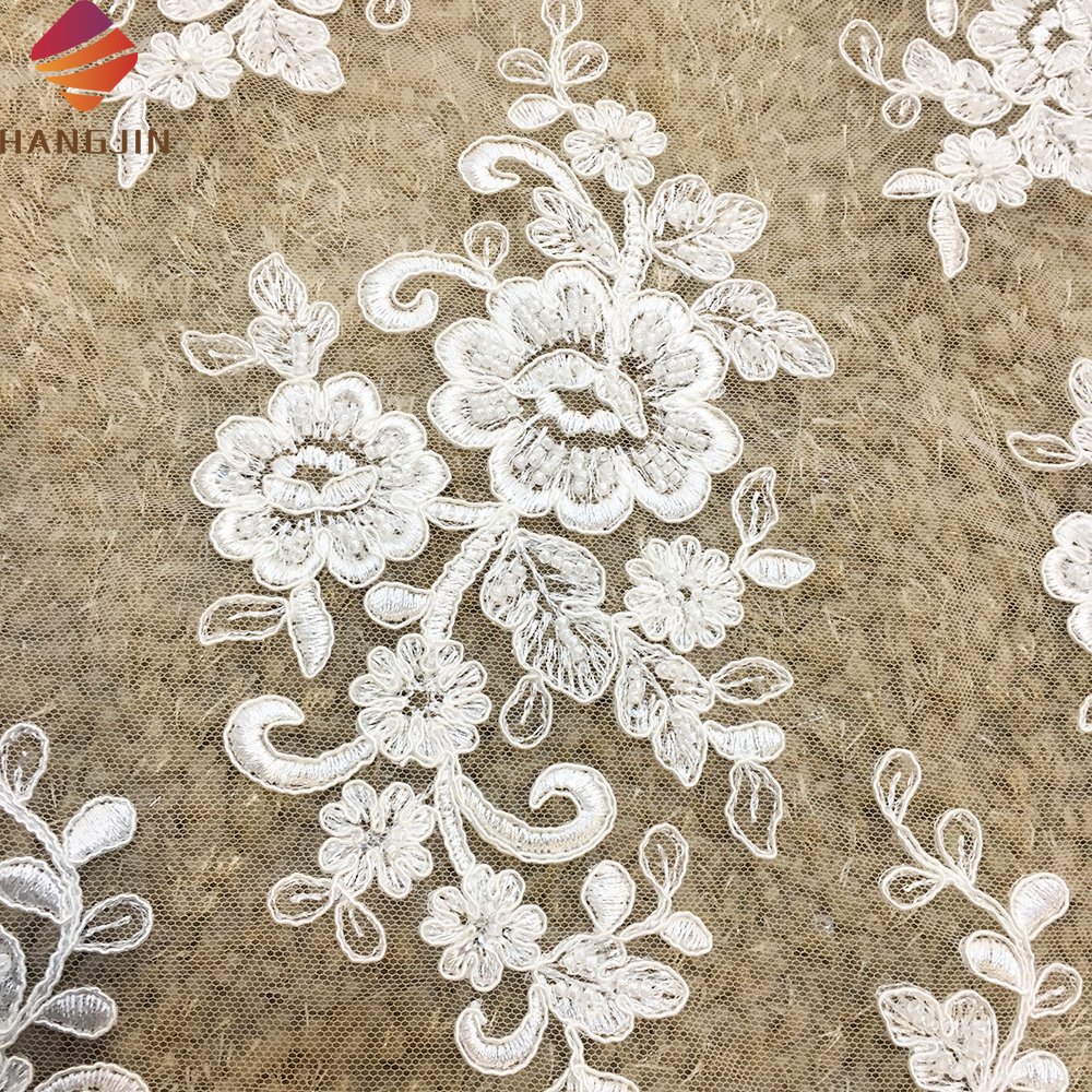 Classic 3D Floral White French Embroidery Milk Silk Lace Fabric Heavy Beaded Lace Fabric for European Wedding Dress